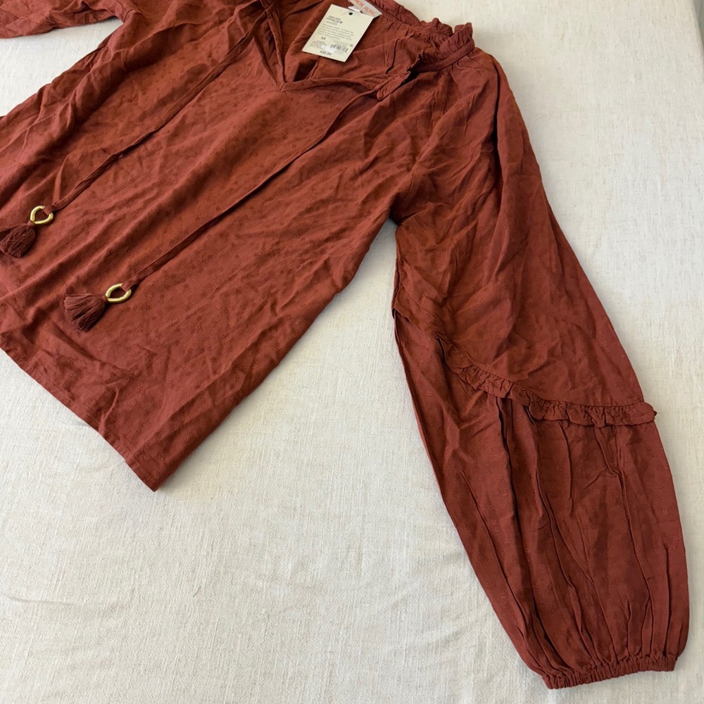Knox Rose Rust Brown Clip Dot Peasant Blouse Tassel Tie Balloon Sleeve NWT XS - Picture 10 of 13